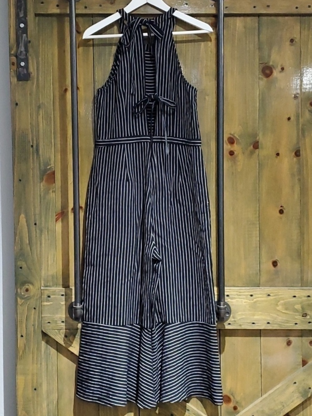Skies Are Blue High Neckline Tie Back Ruffle Wide Leg Striped Jumpsuit• Large